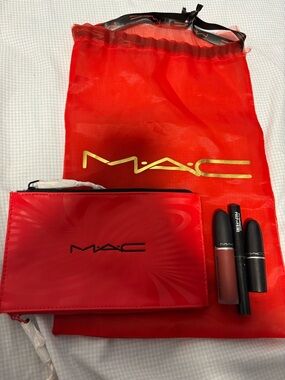 MAC Cosmetics Red Makeup Pouch with Lipstick & Lip Stain Set